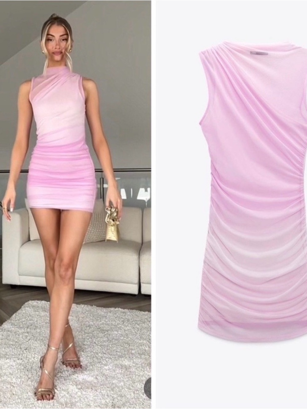 Zara Sleeveless Pink Ruched Sheer Dress